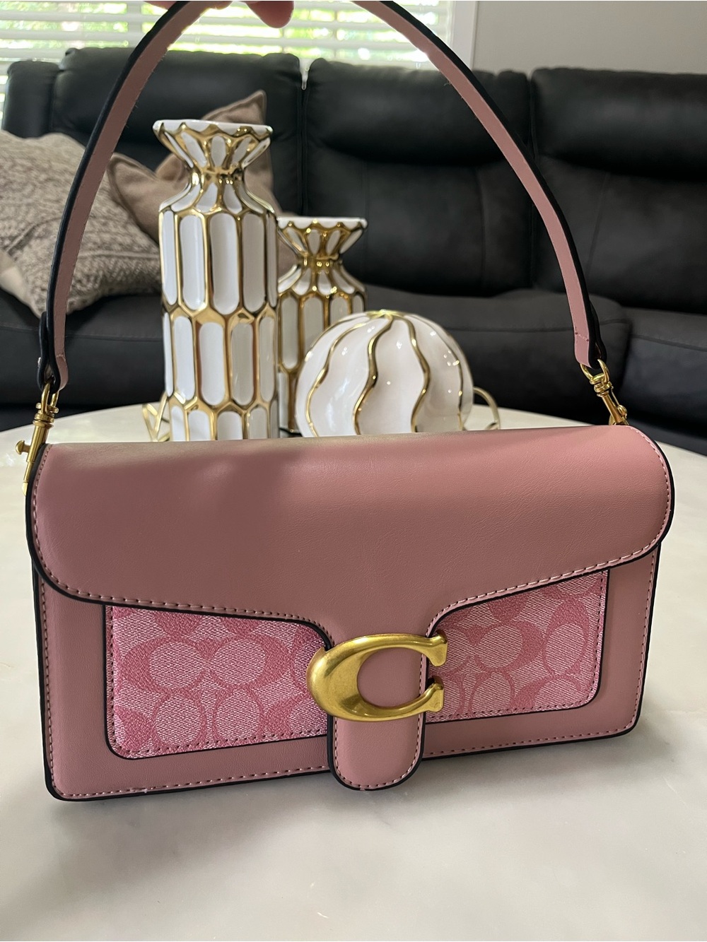 Coach Pink Leather and Signature Jacquard Shoulder Bag with Gold 'C'